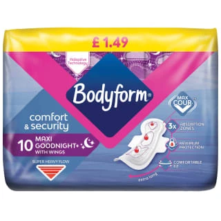 Bodyform Goodnight Maxi Pads With Wings 10pk 1 Bodyform Goodnight Maxi Pads With Wings 10pk